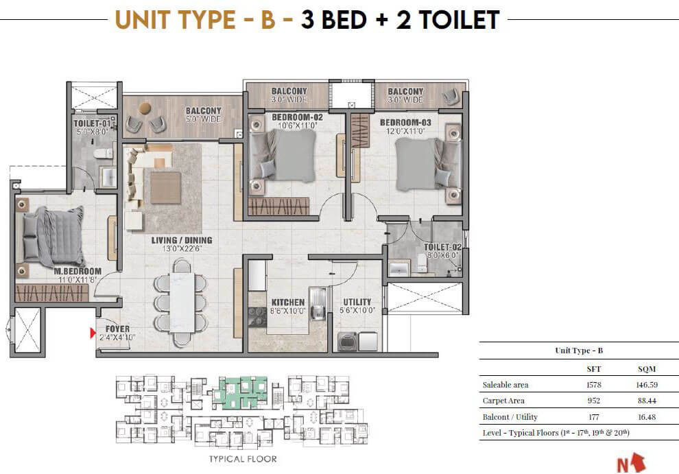 3 BHK 1578 Sq Ft Floor Plan of Prestige Camden Gardens