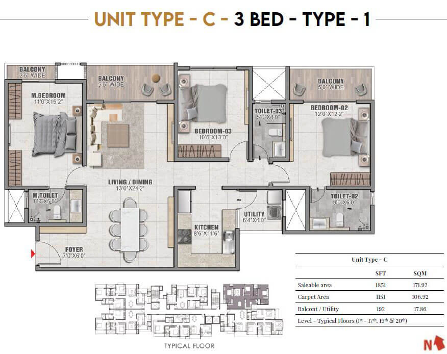 3 BHK 1851 Sq Ft Floor Plan of Prestige Camden Gardens