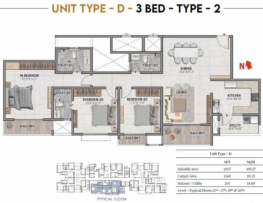 3 BHK 2037 Sq Ft Floor Plan of Prestige Camden Gardens