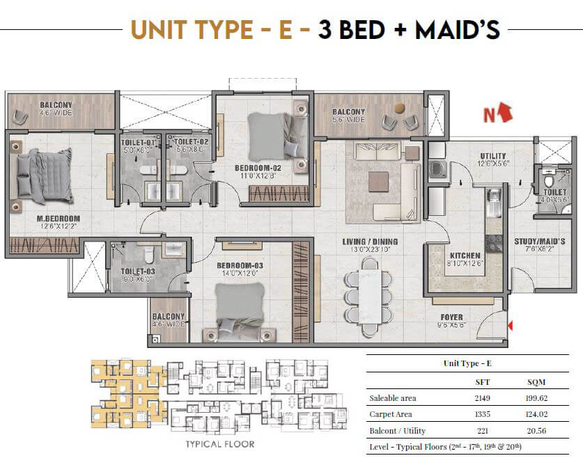 3 BHK 2149 Sq Ft Floor Plan of Prestige Camden Gardens