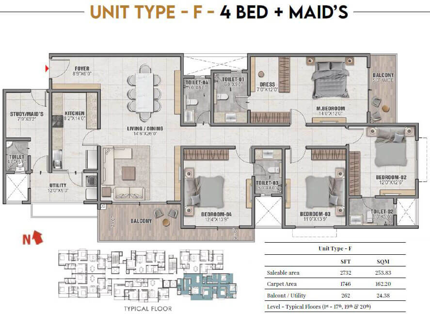 4 BHK 2732 Sq Ft Floor Plan of Prestige Camden Gardens