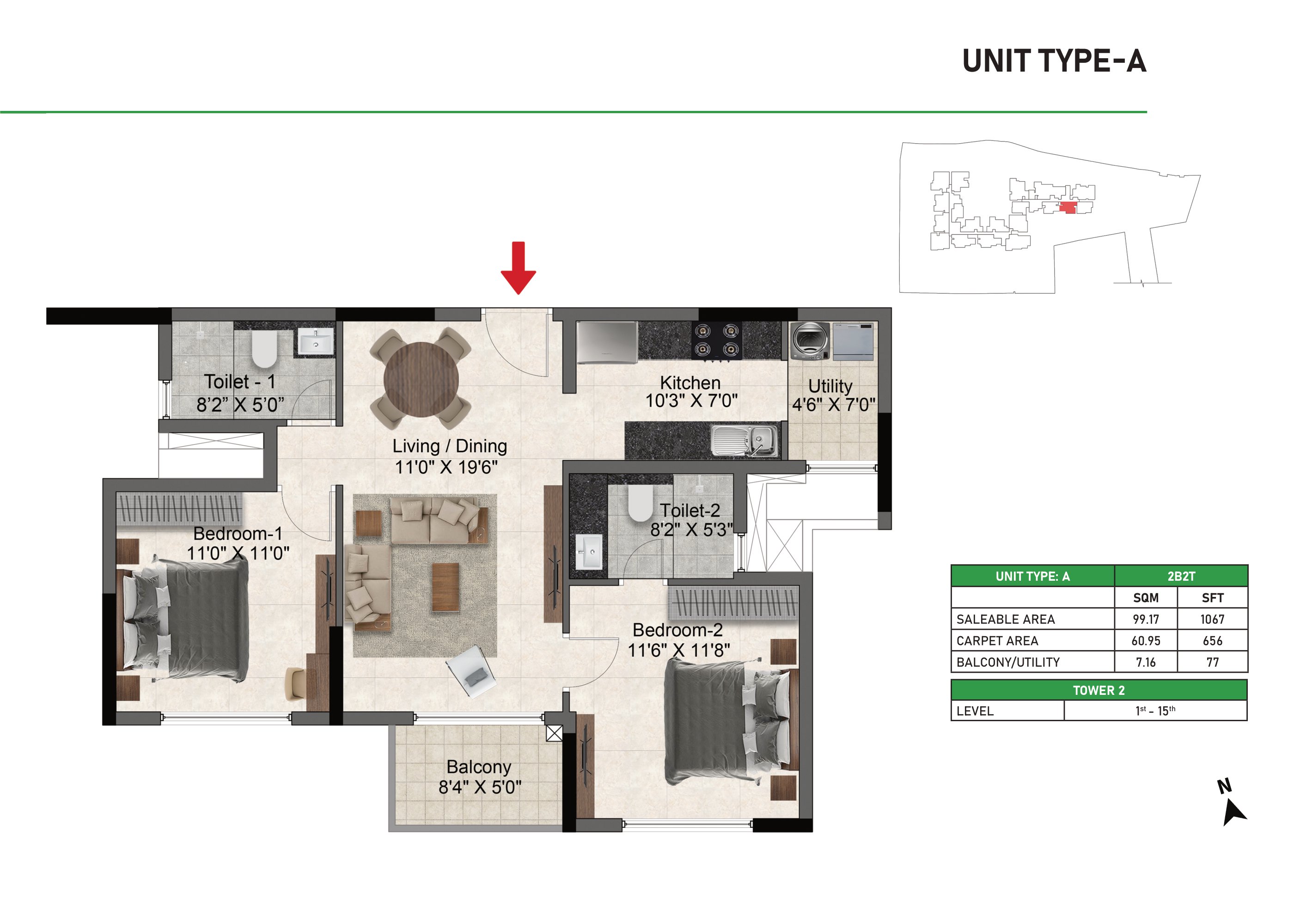 Prestige Glenbrook 2 BHK 1067 Sq Ft Floor Plan