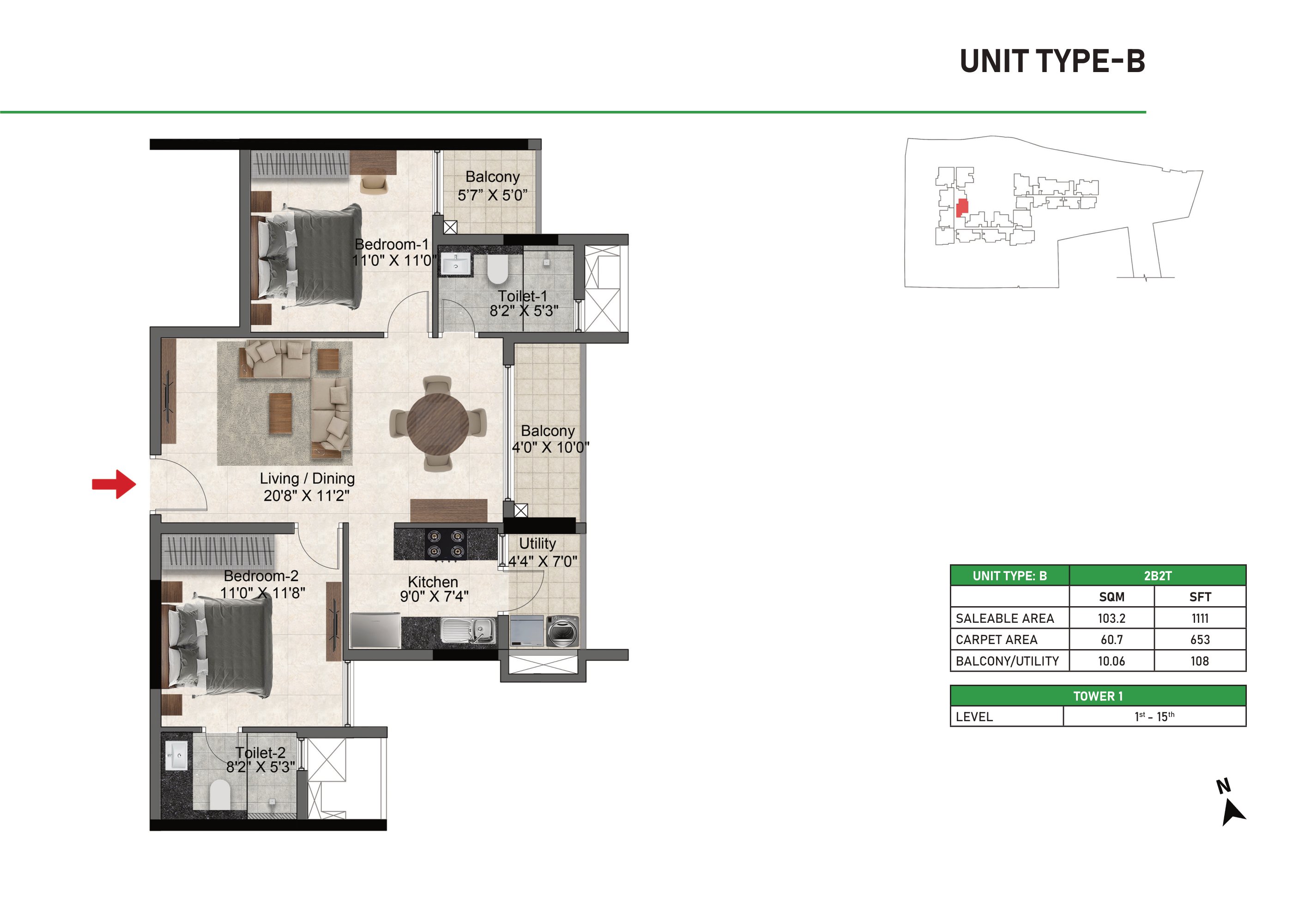Prestige Glenbrook 2 BHK 1111 Sq Ft Floor Plan