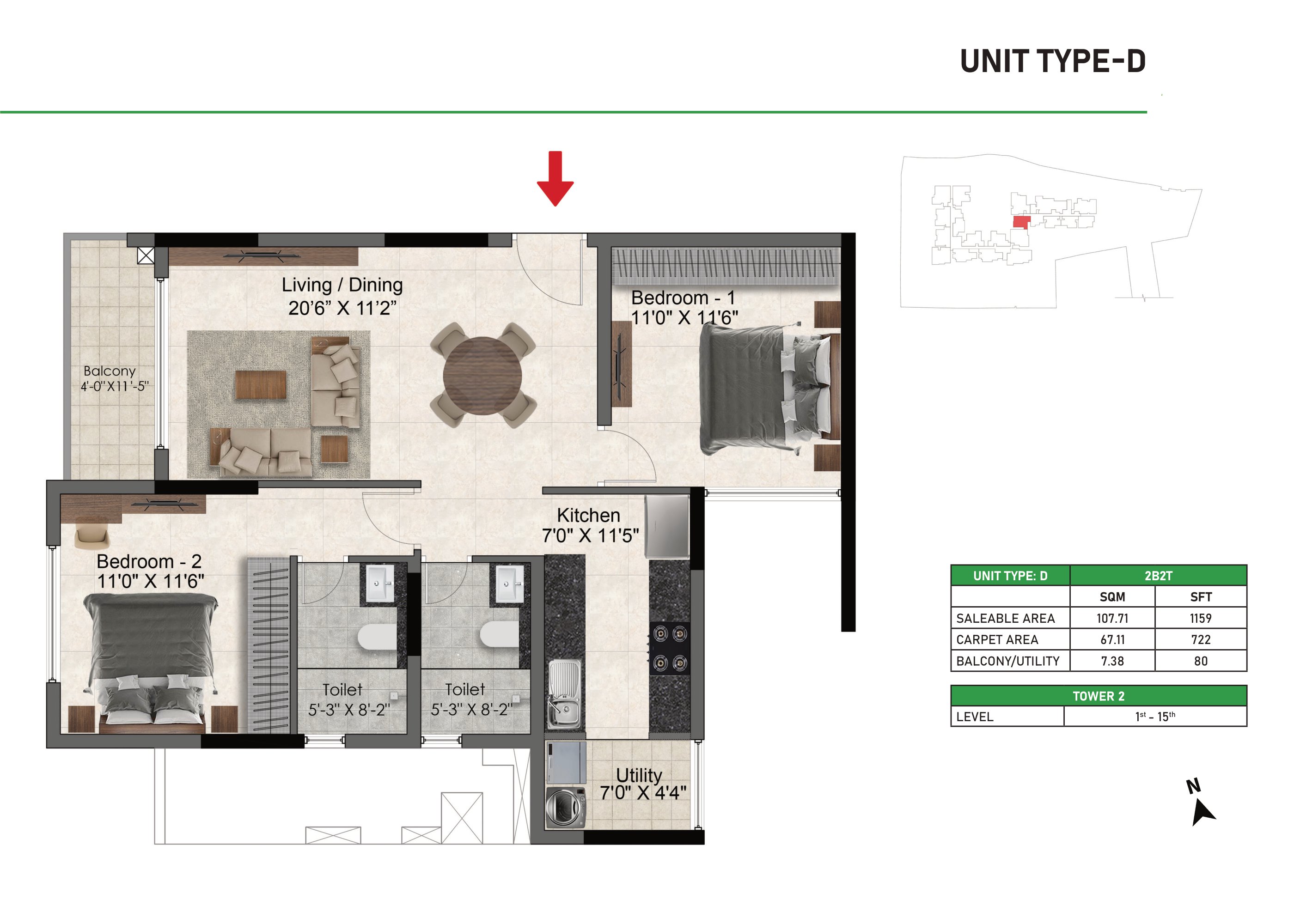Prestige Glenbrook 2 BHK 1159 Sq Ft Floor Plan