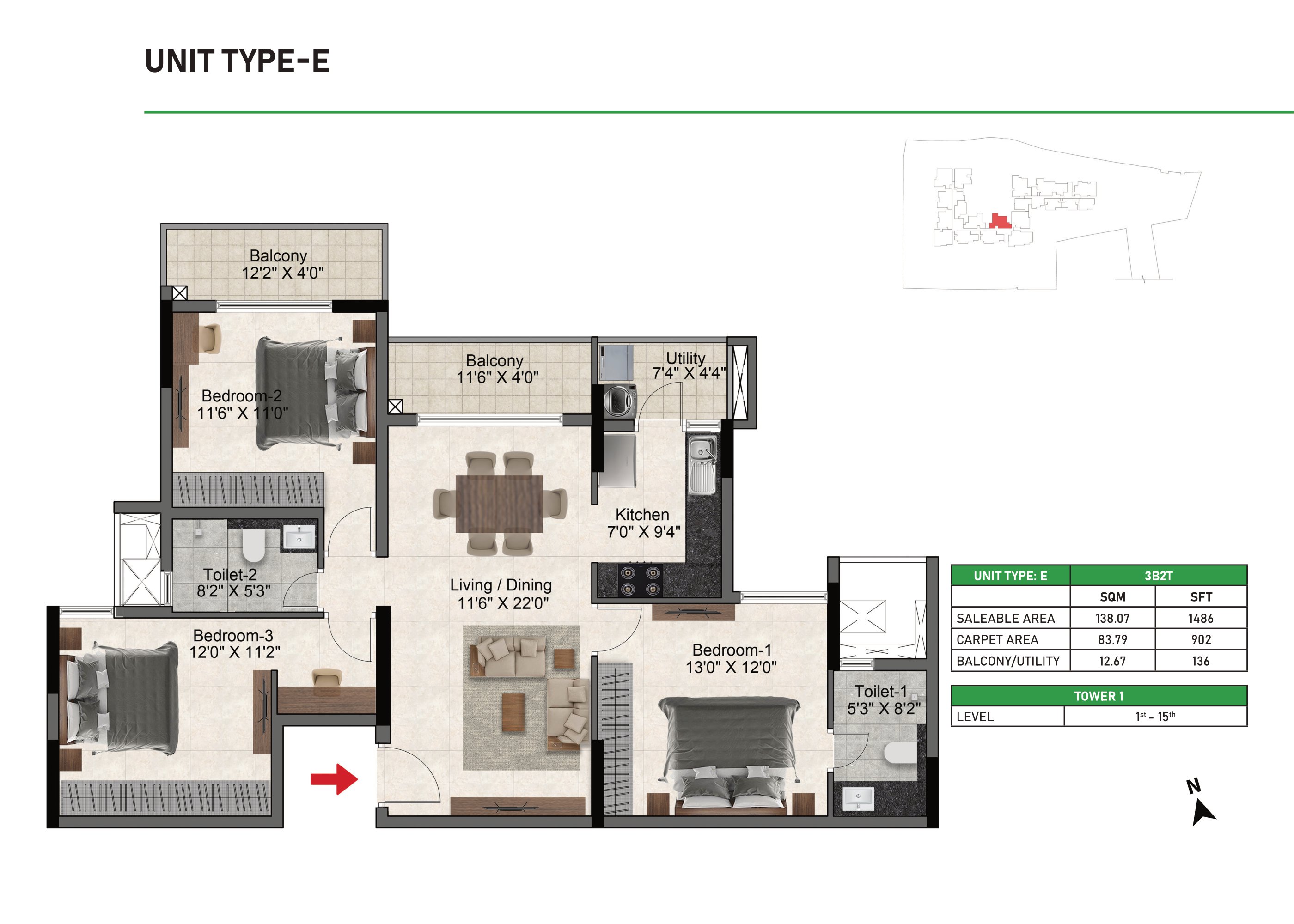 Prestige Glenbrook 3 BHK 1486 Sq Ft Floor Plan