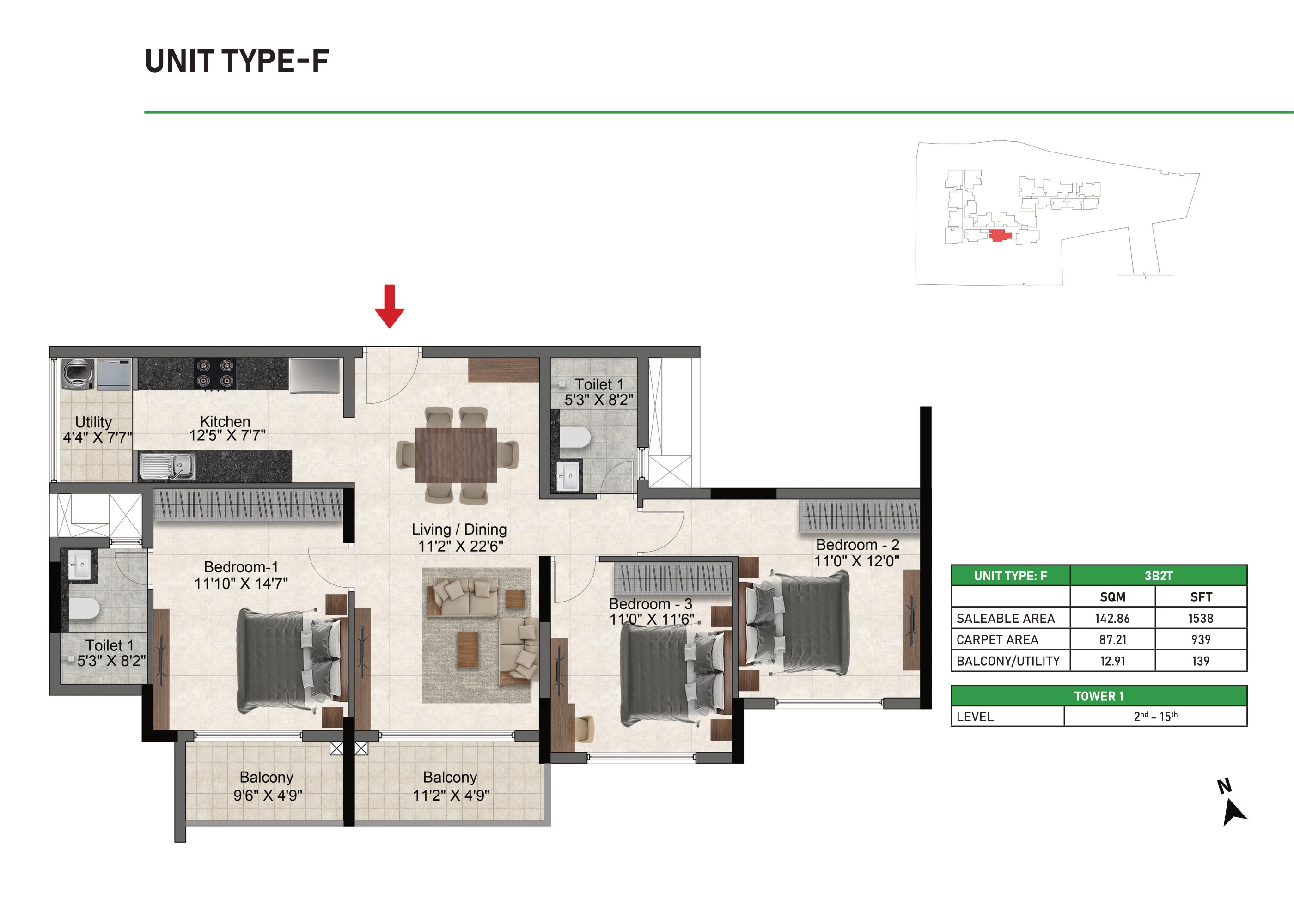 Prestige Glenbrook 3 BHK 1538 Sq Ft Floor Plan