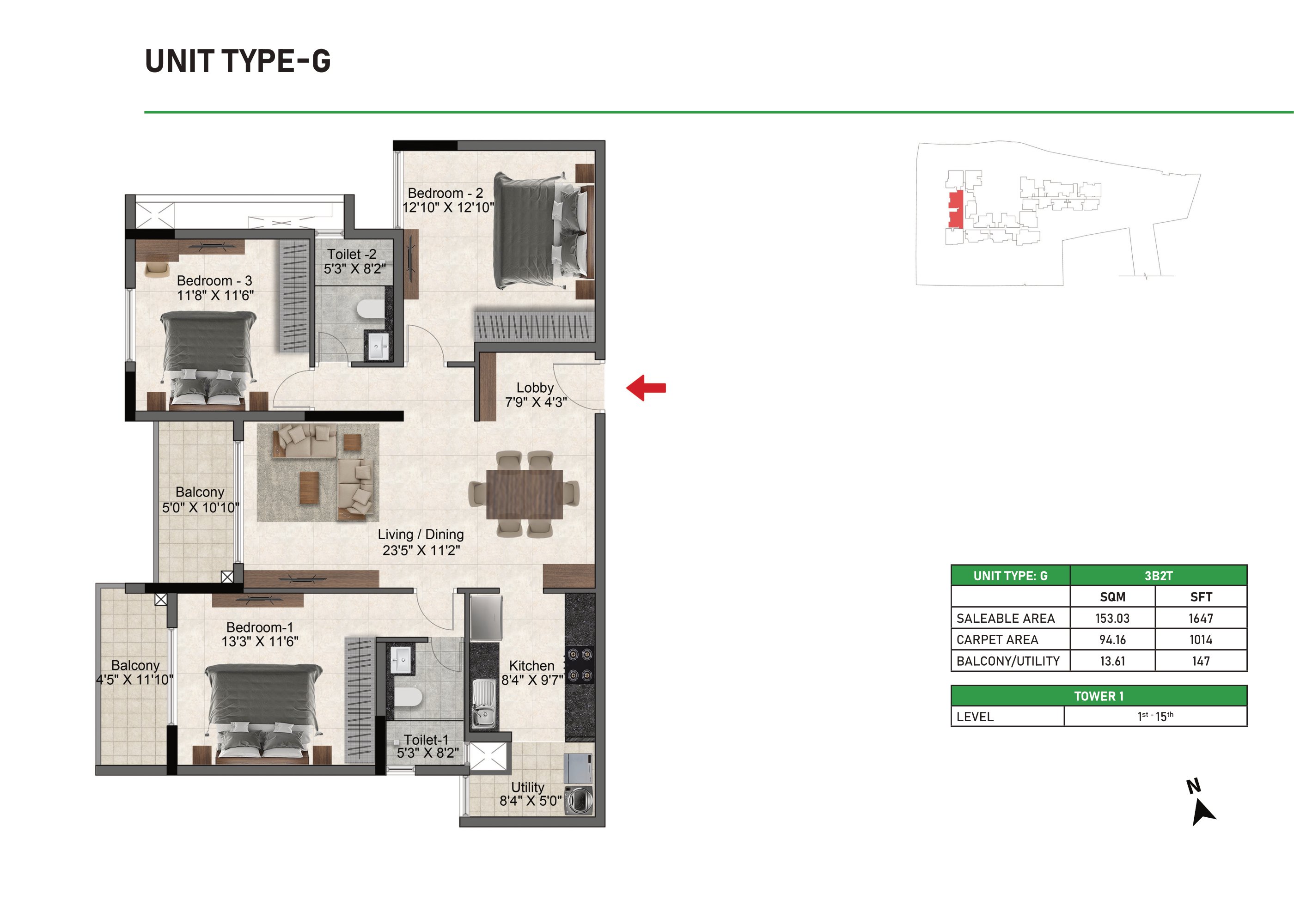 Prestige Glenbrook 3 BHK 1637 Sq Ft Floor Plan