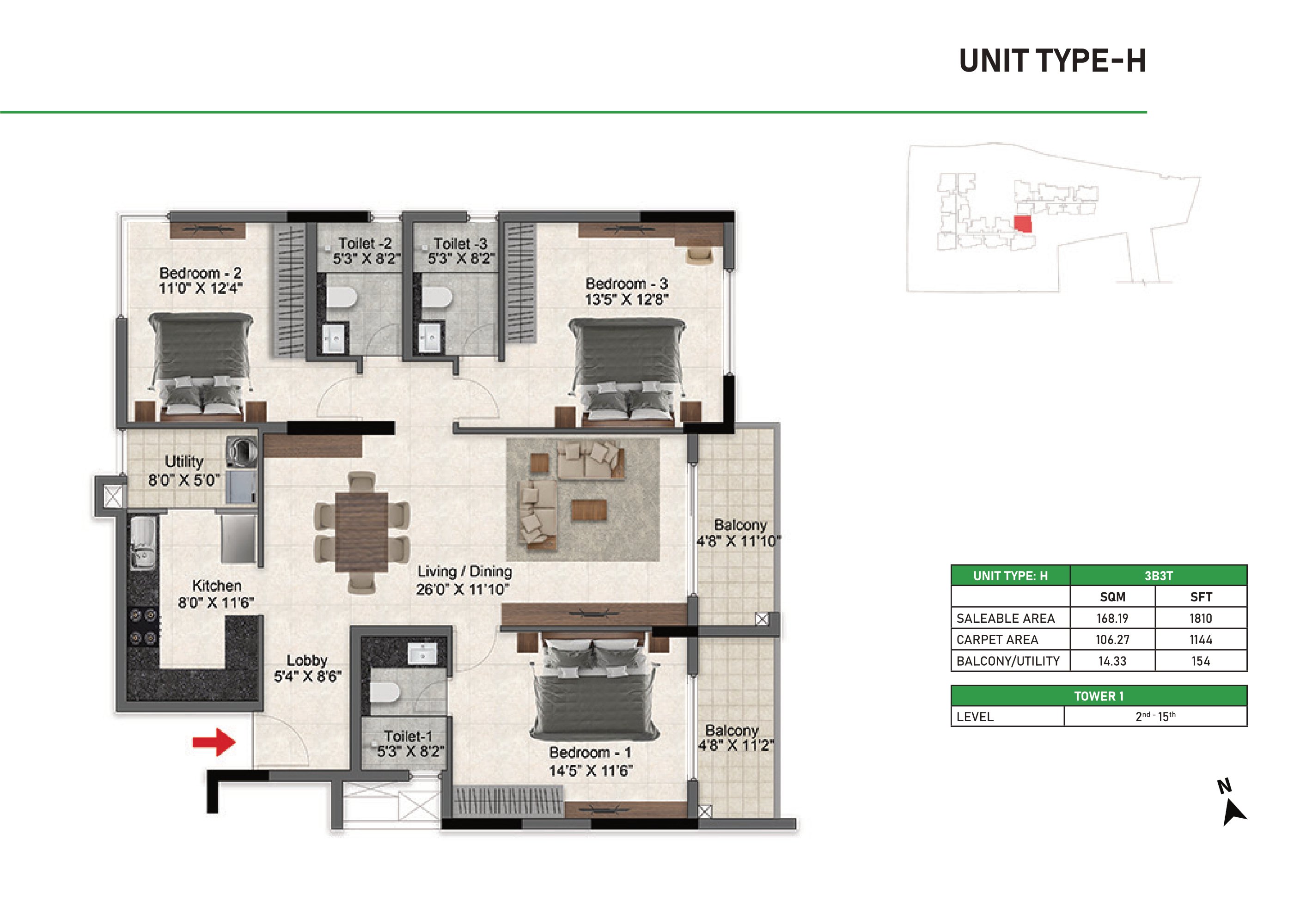 Prestige Glenbrook 3 BHK 1810 Sq Ft Floor Plan