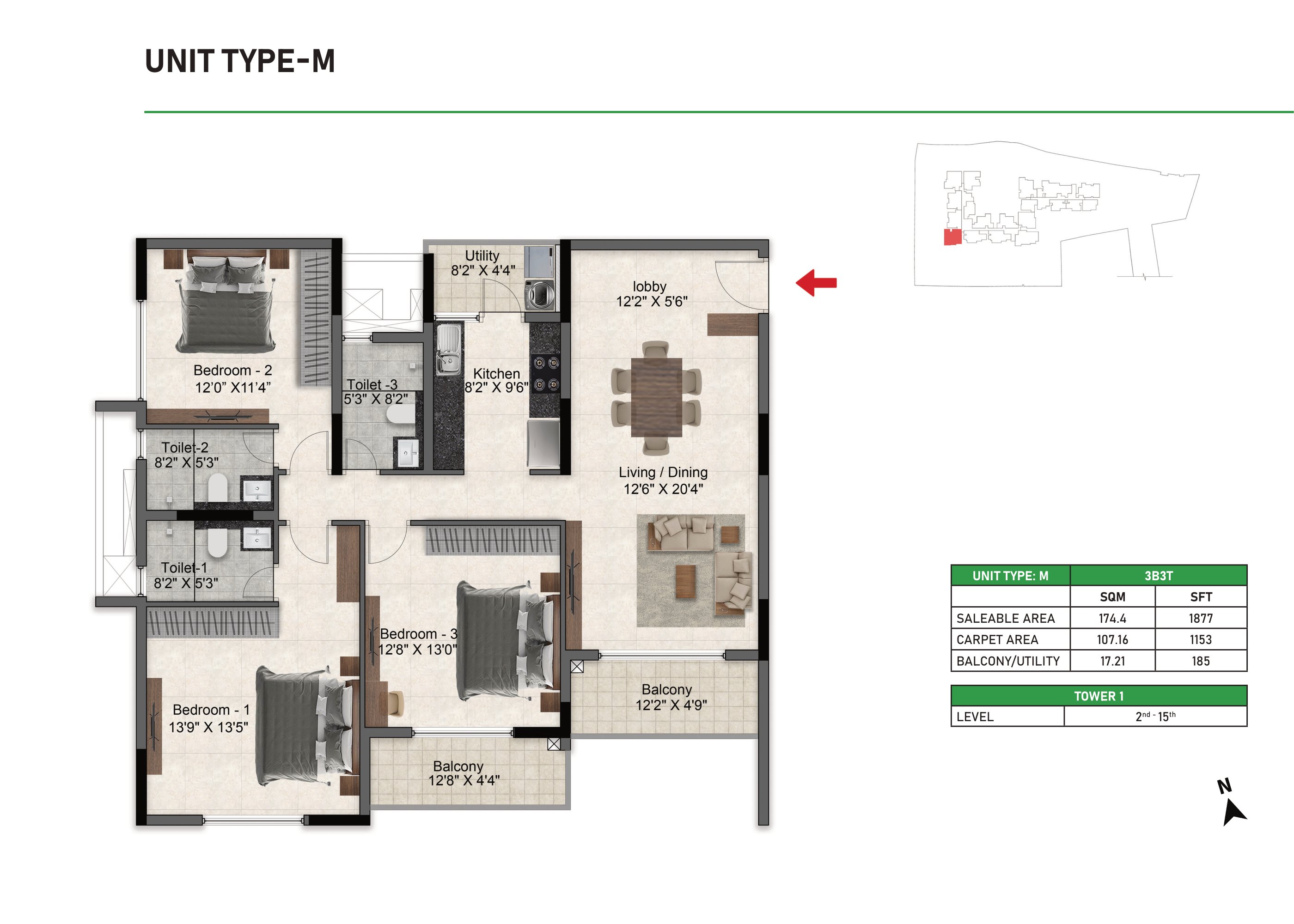 Prestige Glenbrook 3 BHK 1877 Sq Ft Floor Plan