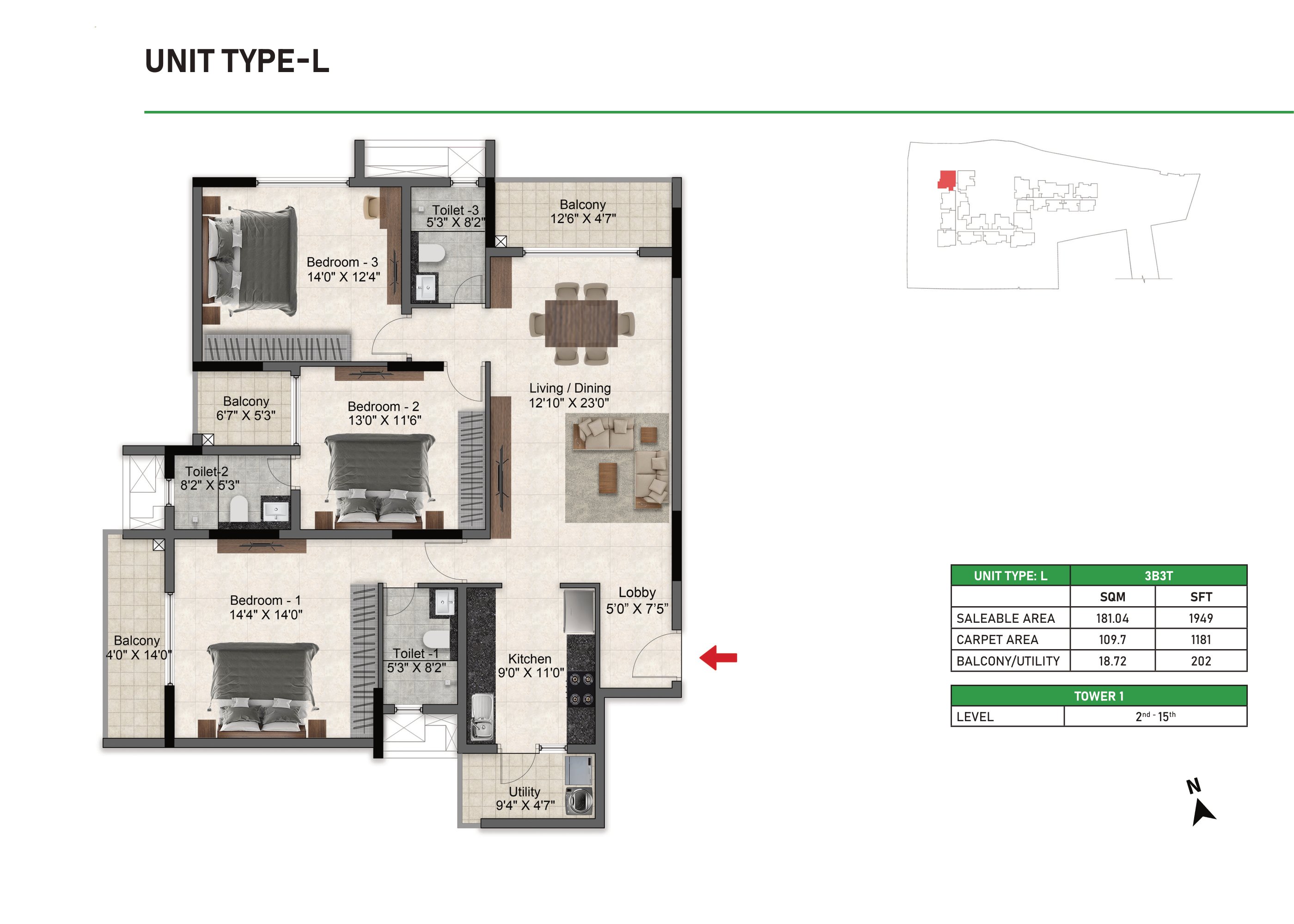 Prestige Glenbrook 3 BHK 1949 Sq Ft Floor Plan