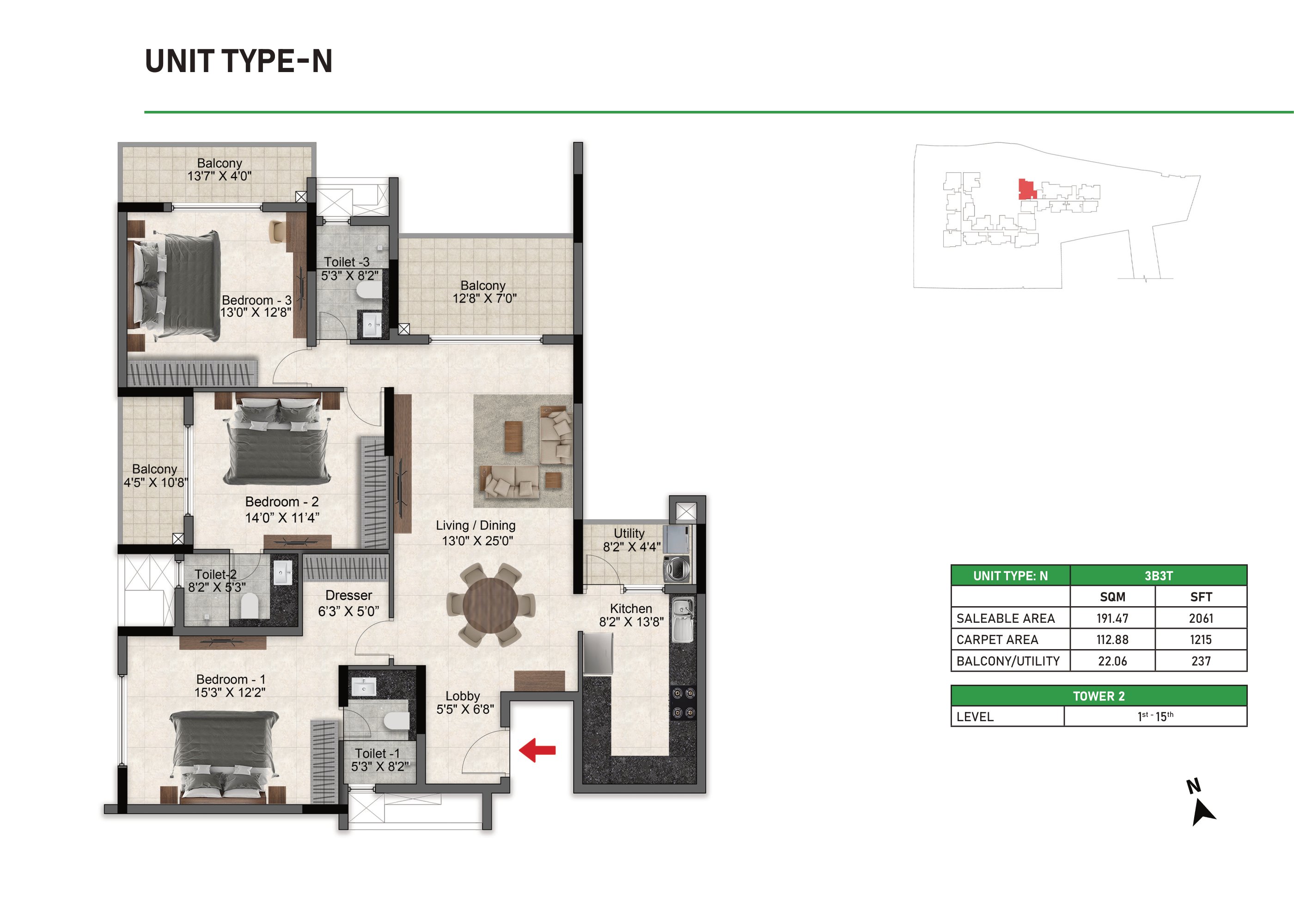 Prestige Glenbrook 3 BHK 2061 Sq Ft Floor Plan