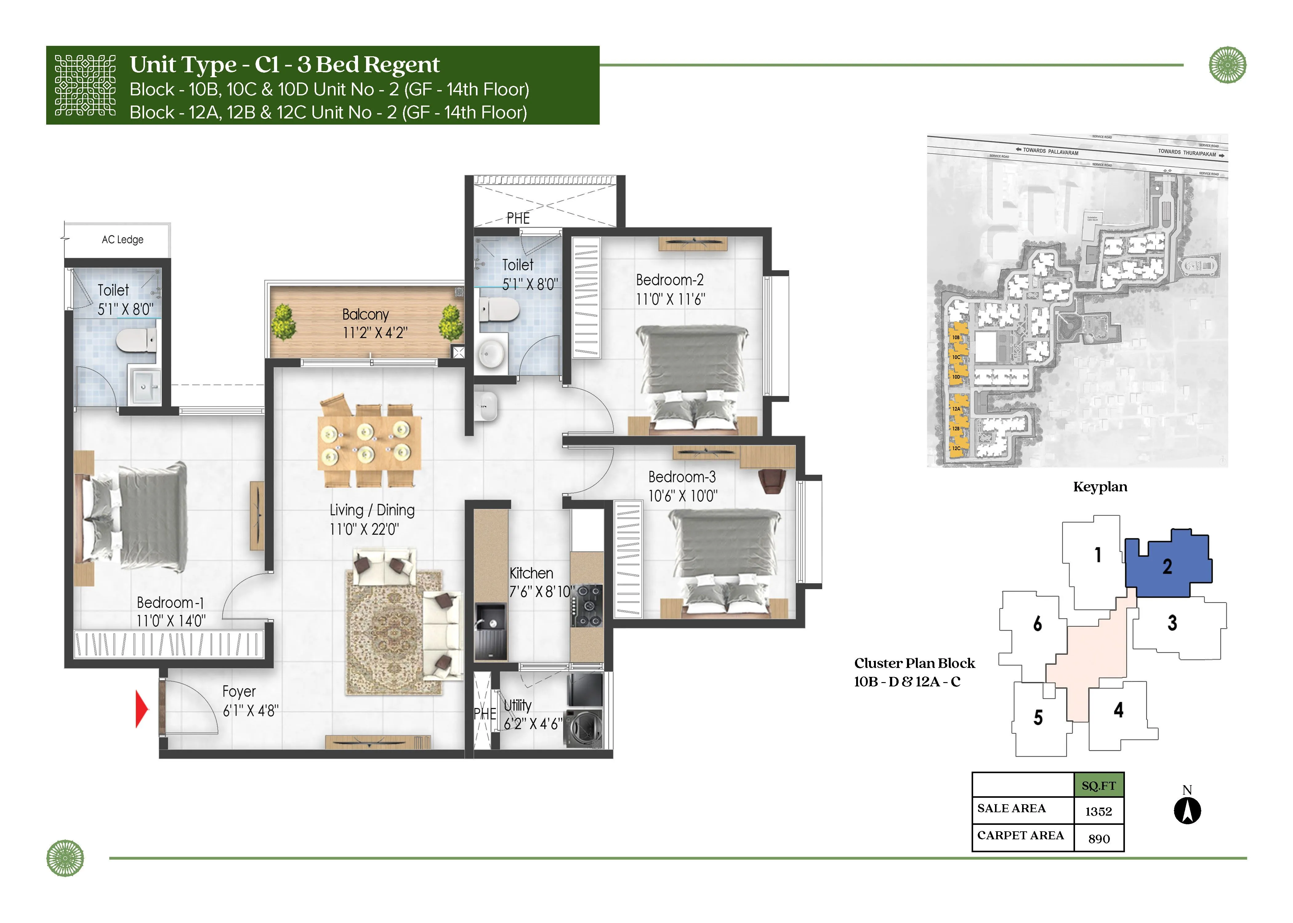 Prestige Pallavaram Gardens 3 BHK 1352 Sq Ft