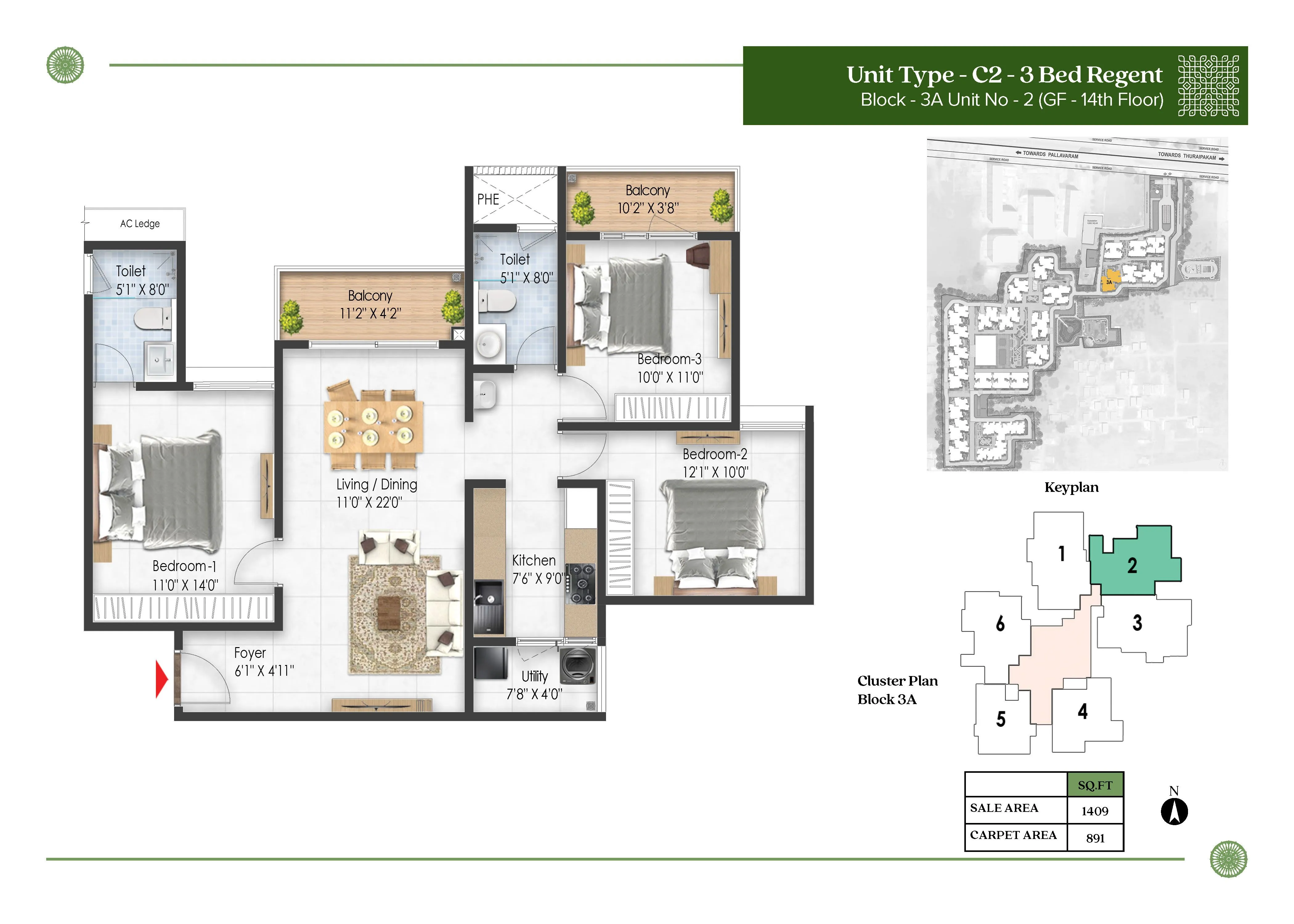 Prestige Pallavaram Gardens 3 BHK 1409 Sq Ft