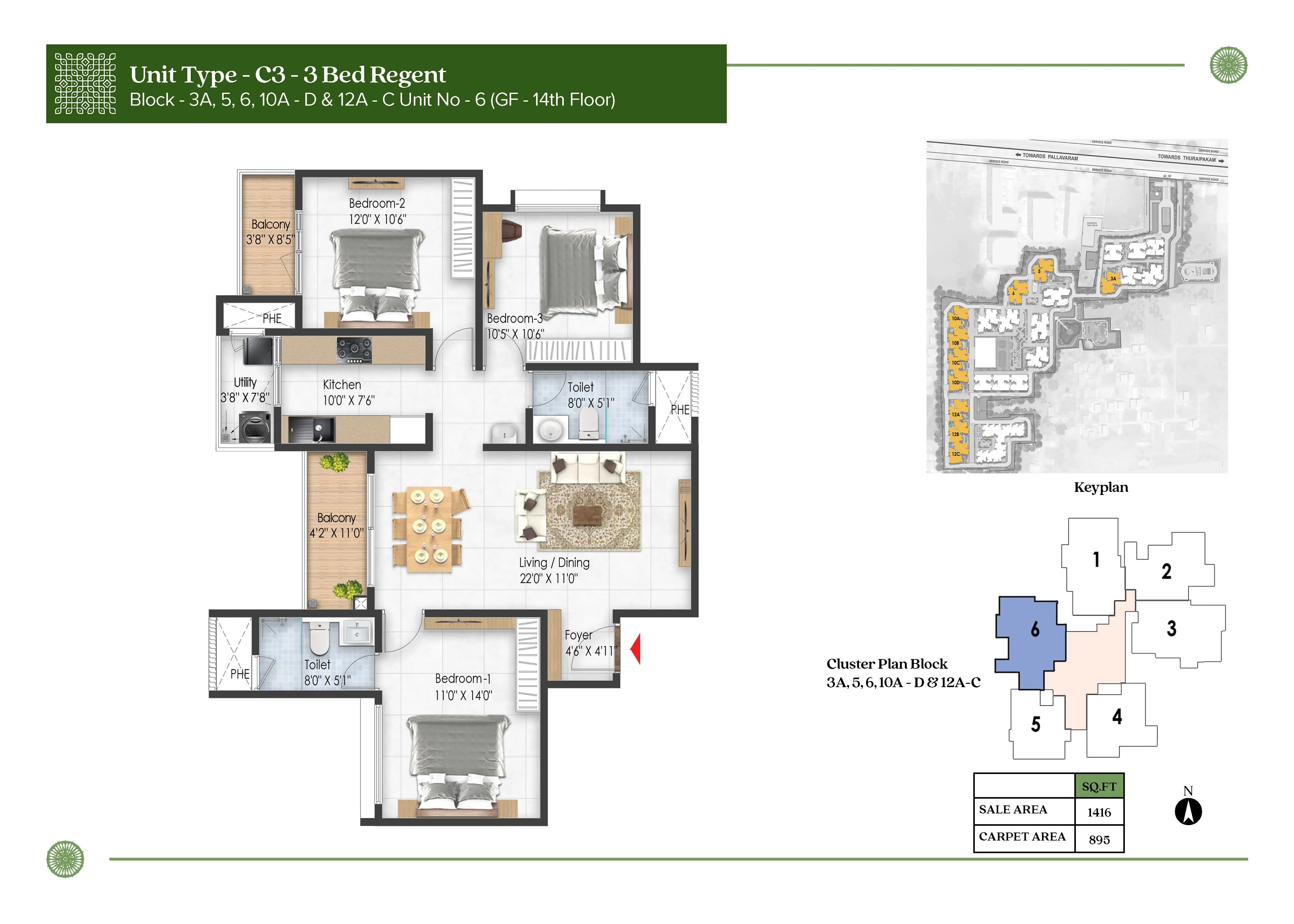 Prestige Pallavaram Gardens 3 BHK 1416 Sq Ft