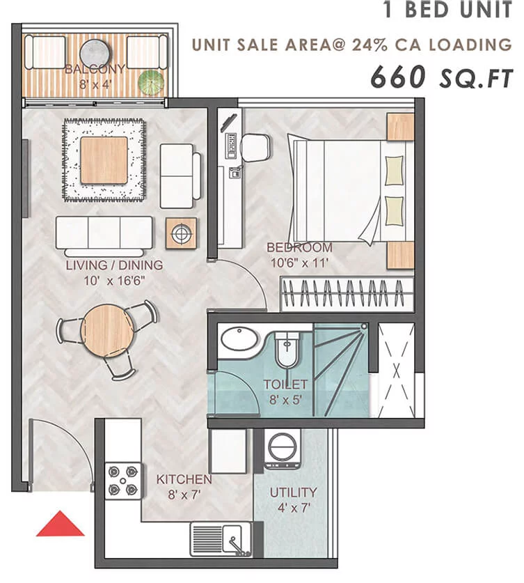 1 BHK 660 Sq FT Floor Plan of Prestige Park Grove