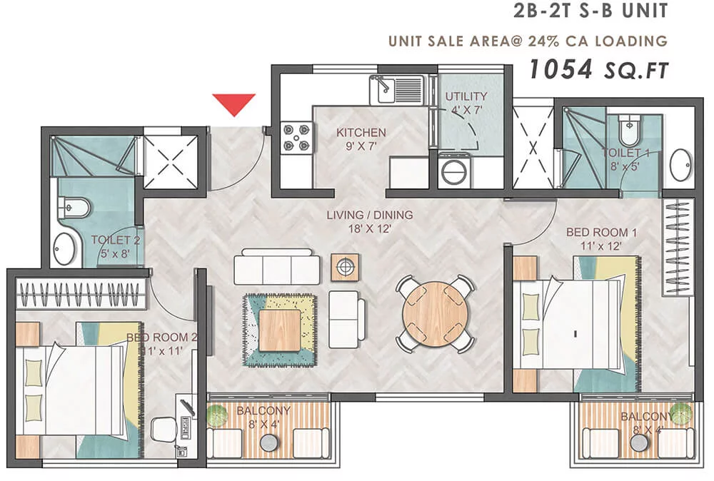 2 BHK 1054 Sq Ft Floor Plan of Prestige Park Grove