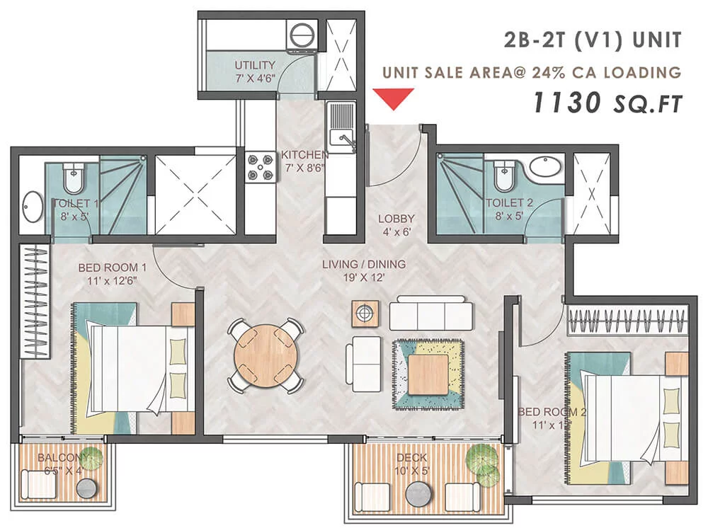 2 BHK 1130 Sq Ft Floor Plan of Prestige Park Grove