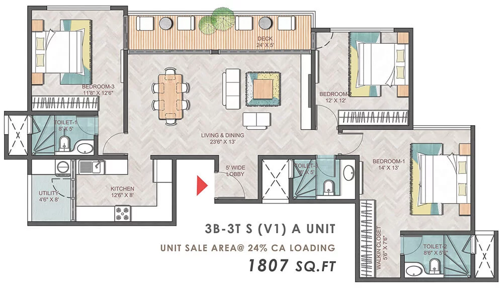 3 BHK 1807 Sq Ft Floor Plan of Prestige Park Grove