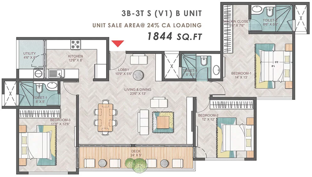 3 BHK 1844 Sq Ft Floor Plan of Prestige Park Grove