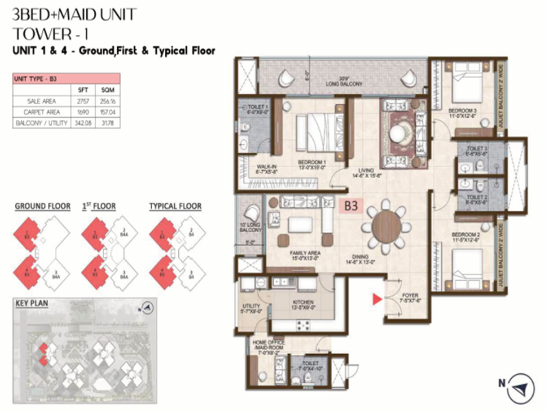 3 BHK 2757 Sq Ft Floor Plan of Prestige Pine Forest