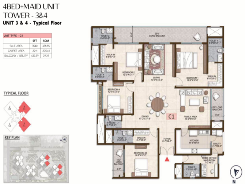 3 BHK 3540 Sq Ft Floor Plan of Prestige Pine Forest