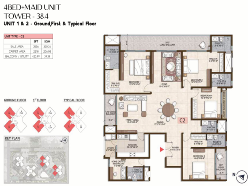 4 BHK 3556 Sq Ft Floor Plan of Prestige Pine Forest