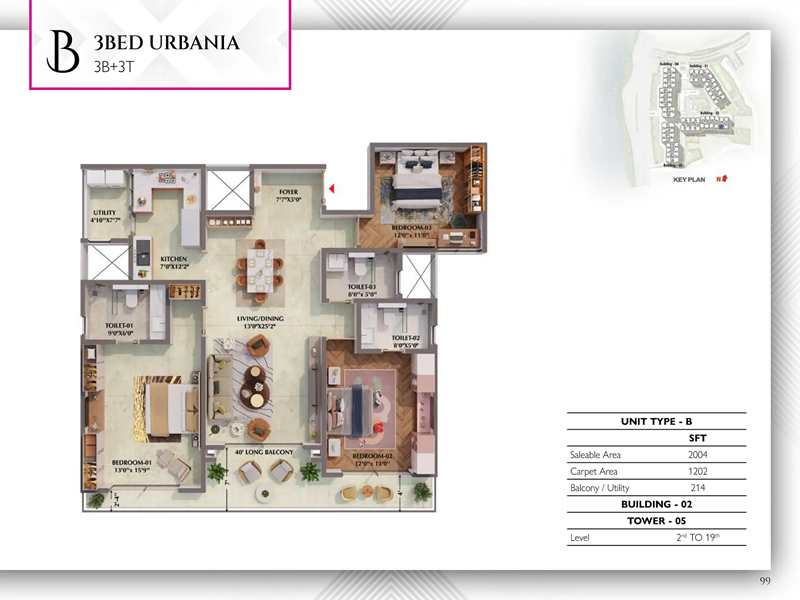 3 BHK Floor Plan 2004 sqft of Prestige Raintree Park