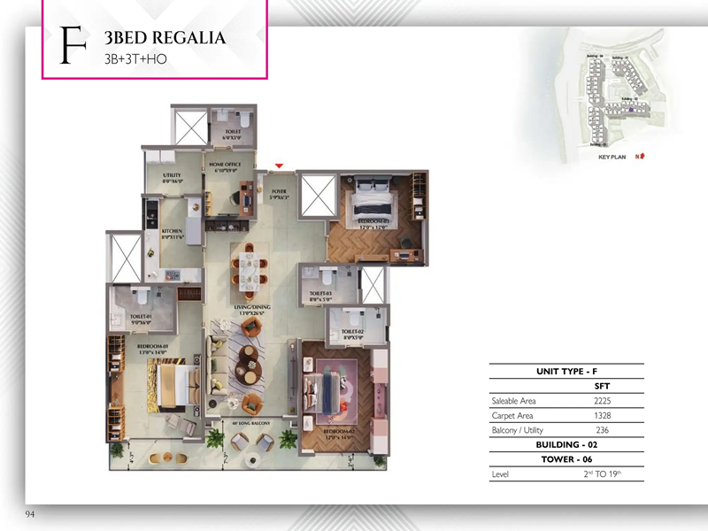 3 BHK Floor Plan 2225 sqft of Prestige Raintree Park