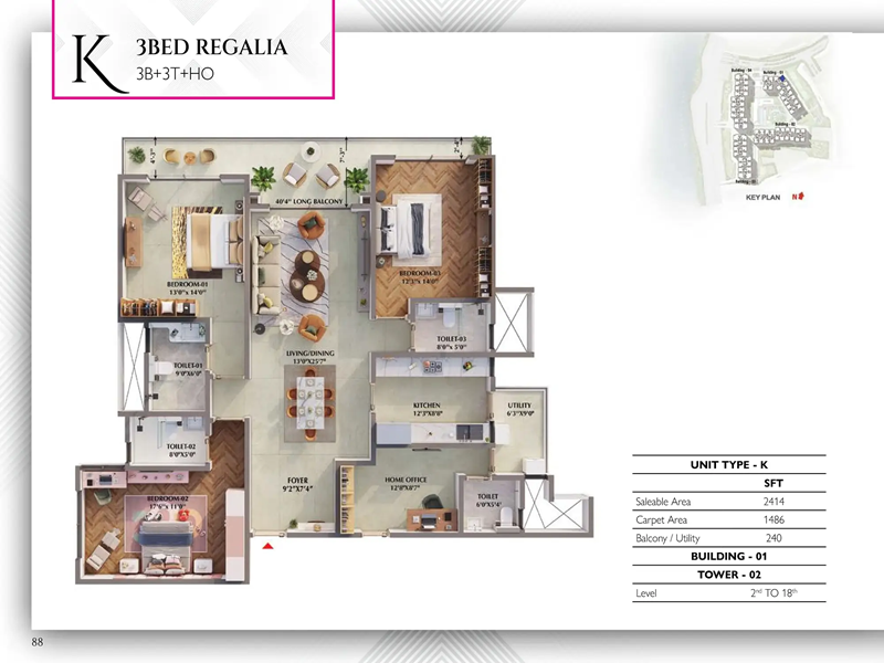 3 BHK Floor Plan 2414 sqft of Prestige Raintree Park