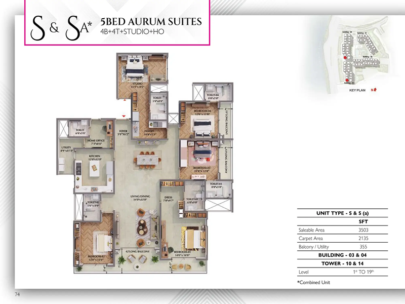 5 BHK Floor Plan 3503 sqft of Prestige Raintree Park 3503 sqft 5 BHK Aurum Suites layout with private deck and home office – Prestige Raintree Park