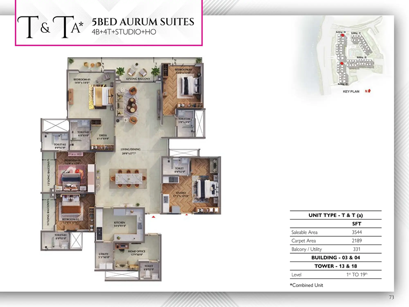 5 BHK Floor Plan 3544 sqft of Prestige Raintree Park 3544 sqft 5 BHK Aurum Suites with studio and home office – Prestige Raintree Park