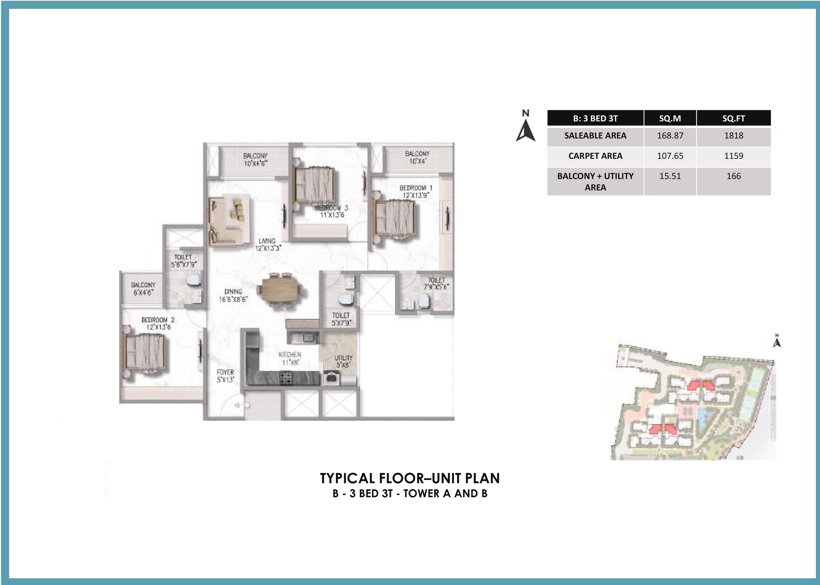 3 BHK 1818 Sq Ft Floor Plan of Prestige Somerville