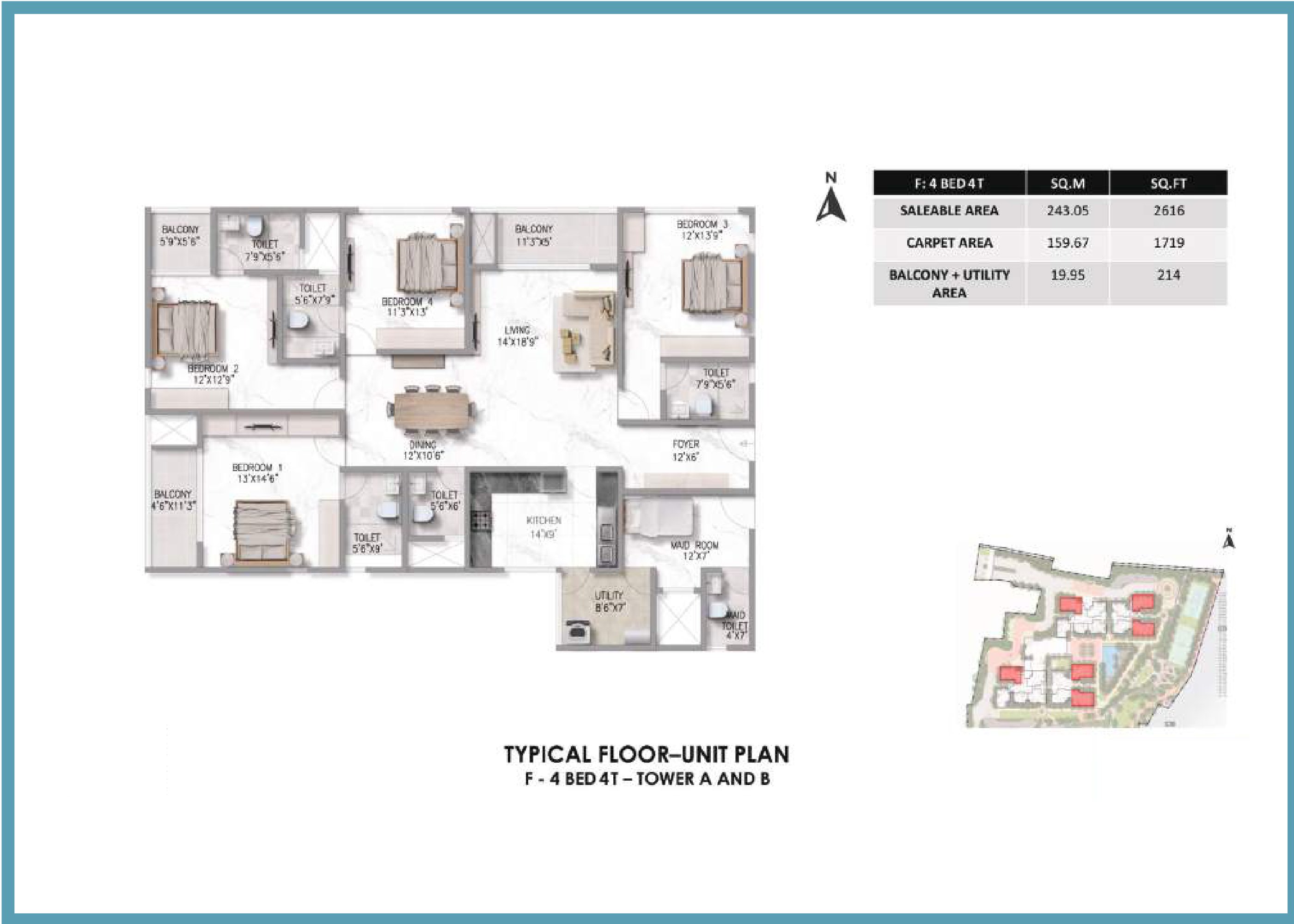 4 BHK 2616 Sq Ft Floor Plan of Prestige Somerville