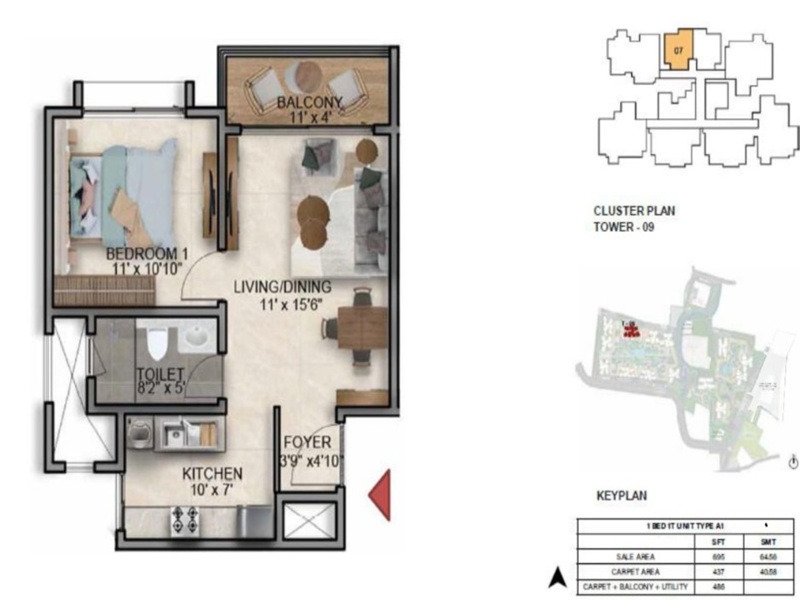 Prestige Southern Star 1 BHK Floor Plan