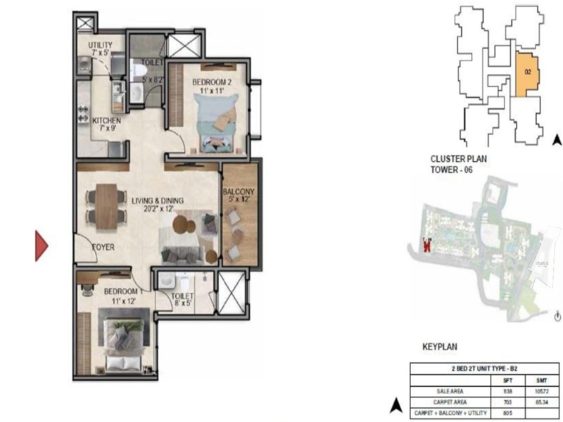Prestige Southern Star 2 BHK Floor Plan