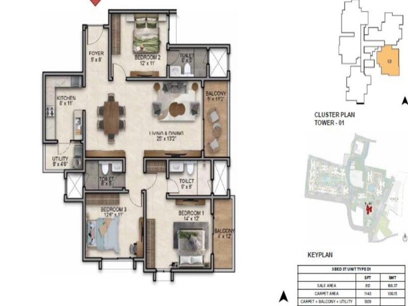 Prestige Southern Star 3 BHK Floor Plan