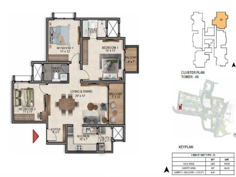 Prestige Southern Star 3 BHK Floor Plan