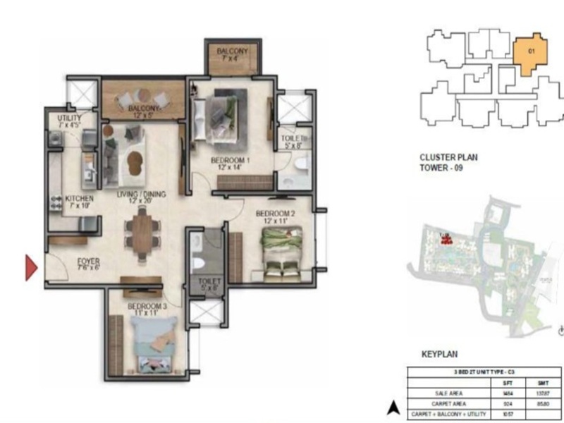 Prestige Southern Star 3 BHK Floor Plan