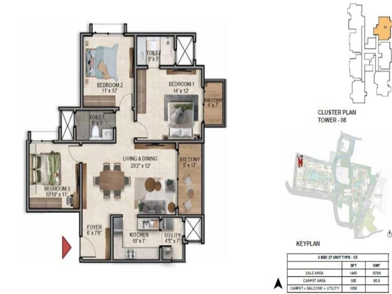 Featured Image of the 3 BHK Floor Plan at Prestige Southern Star