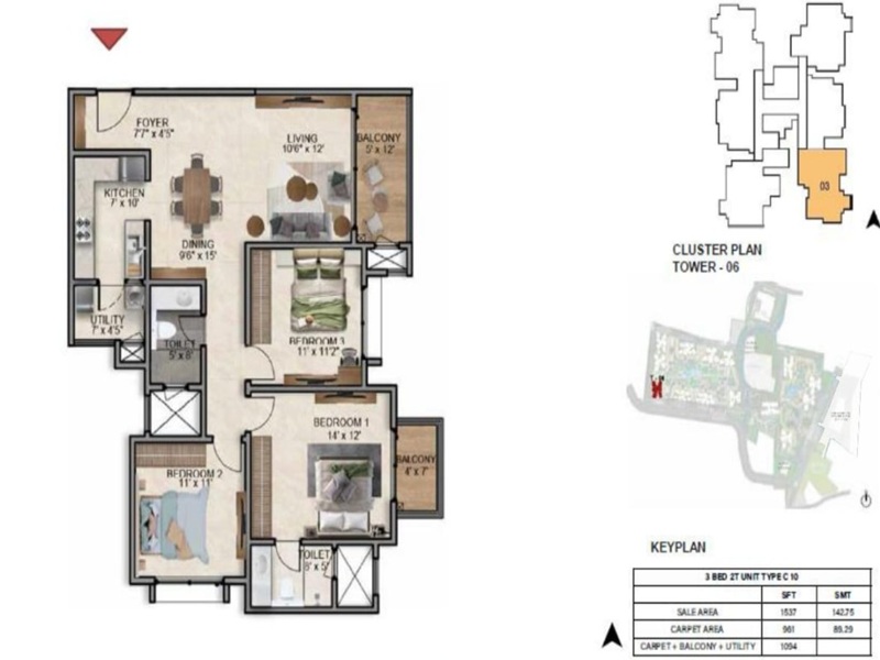 Featured Image of the 3 BHK Floor Plan at Prestige Southern Star