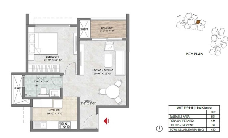1 BHK 691 Sq Ft Floor Plan