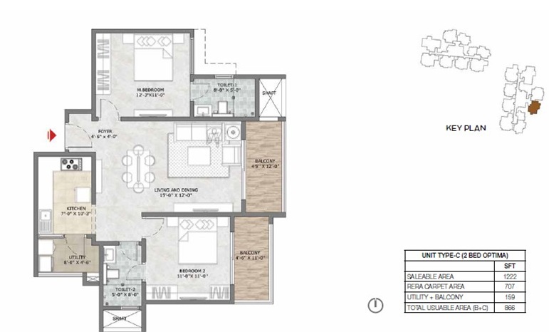 2 BHK 1222 Sq Ft Floor Plan