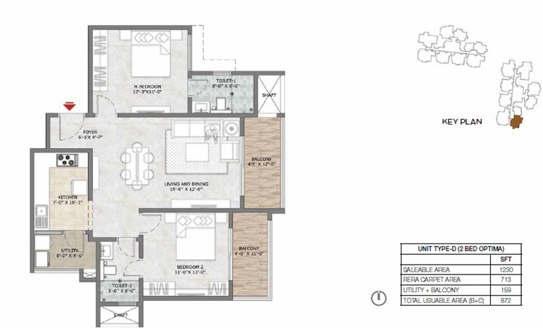 2 BHK 1230 Sq Ft Floor Plan