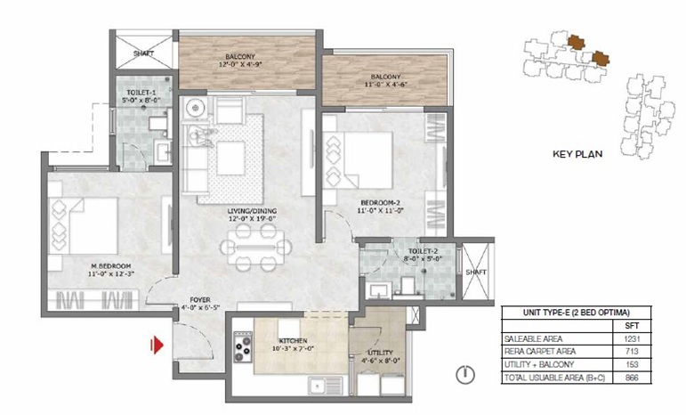 2 BHK 1231 Sq Ft Floor Plan