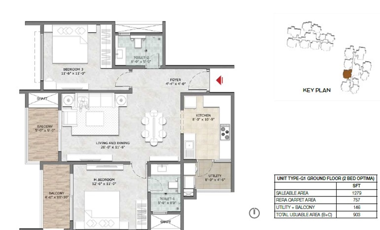 2 BHK 1279 Sq Ft Floor Plan