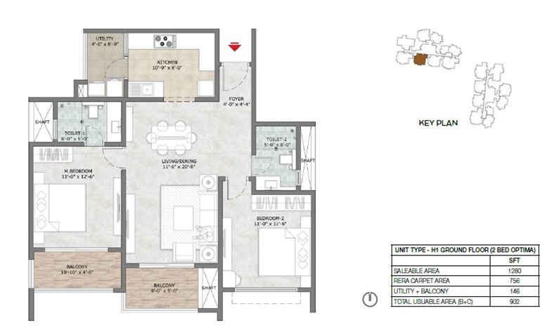 2 BHK 1280 Sq Ft Floor Plan