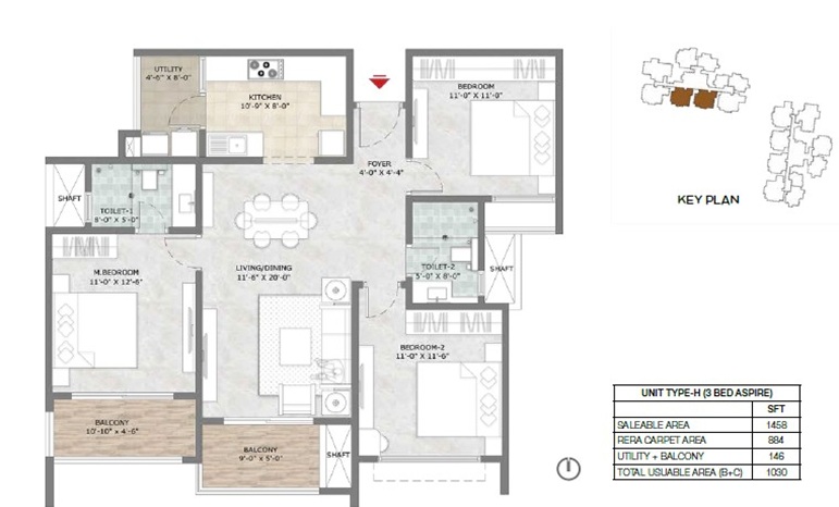 3 BHK 1458 Sq Ft Floor Plan
