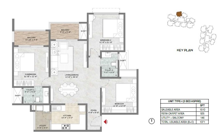 3 BHK 1510 Sq Ft Floor Plan