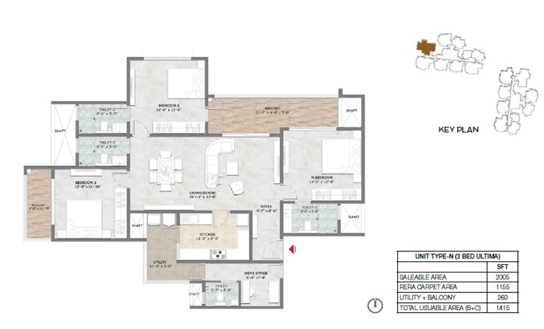 3 BHK 2005 Sq Ft Floor Plan