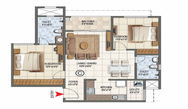 The Prestige City Ghaziabad 2 BHK Apartment Floor Plan